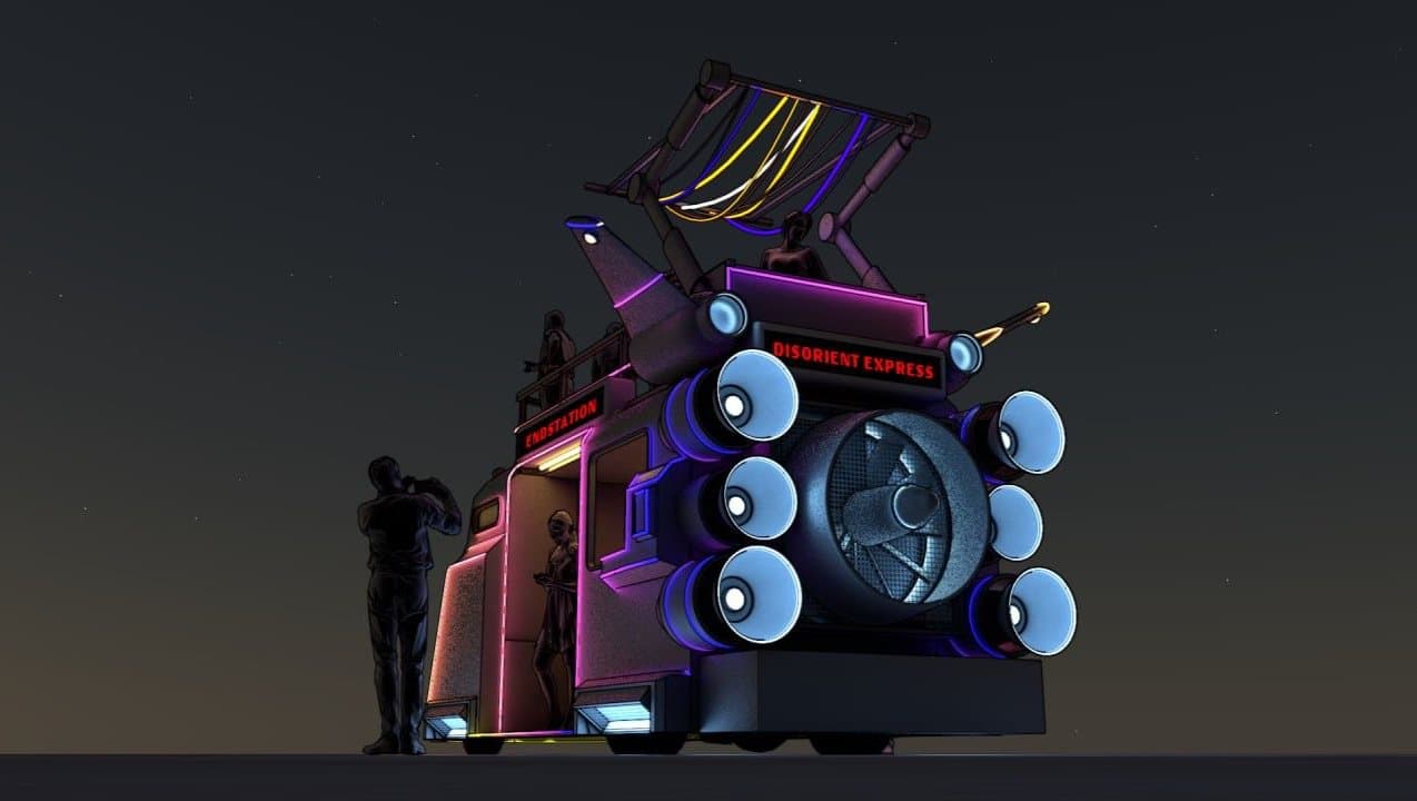 Render of the Disorient Express art car — a neon mutant vehicle in the desert at dusk